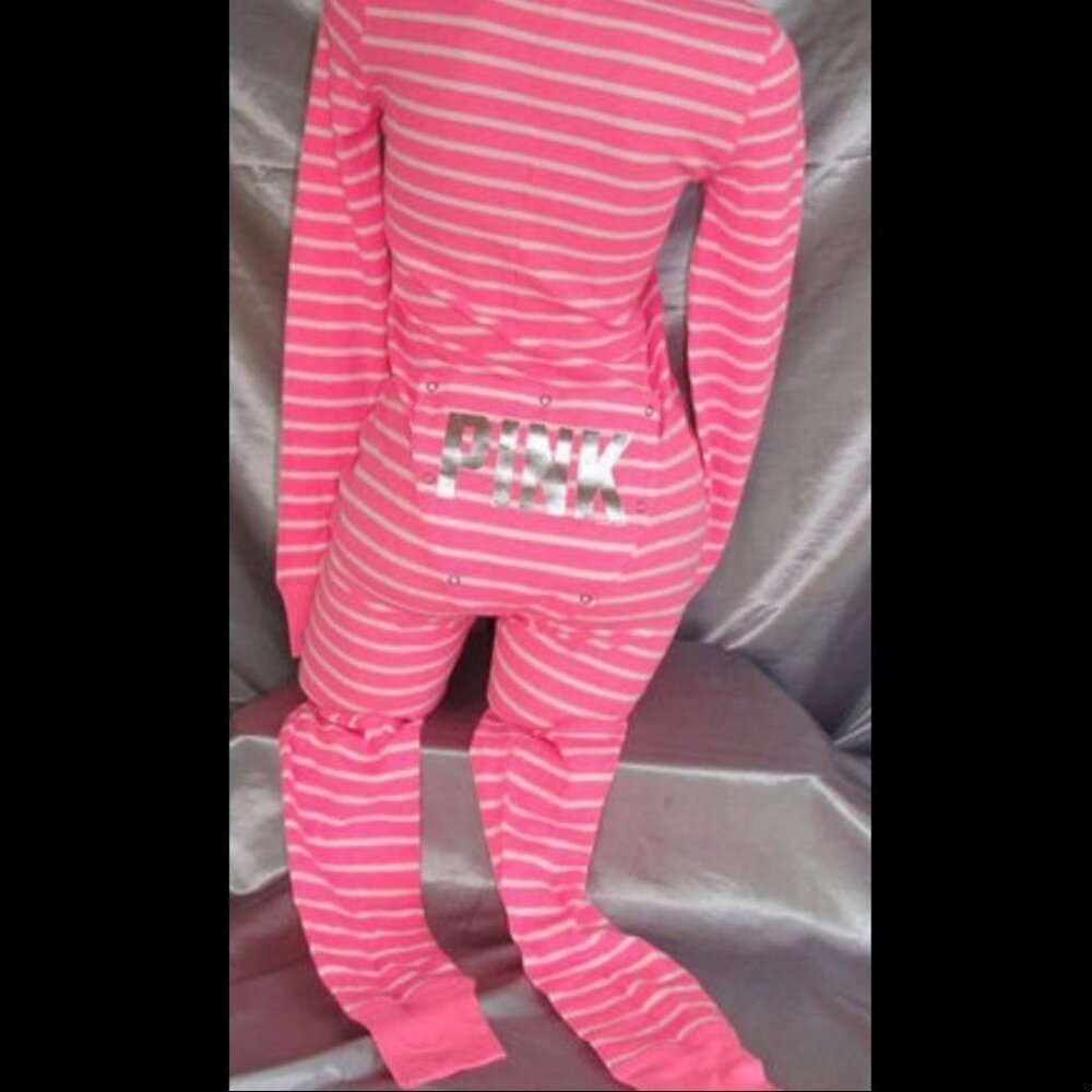 Victoria secret pink onesie striped white gold bum flap waffle knit long John